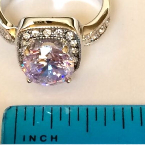 Silver Deco Amethyst Halo Cocktail Ring Size 10 Purple Cubic Zirconia Rodium - Picture 7 of 8